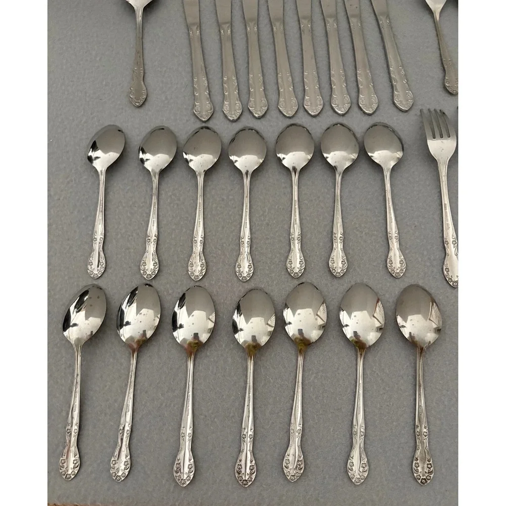 Utica Stainless Steel Flatware Set 37pc Floral Pattern Silverware Korea Vintage